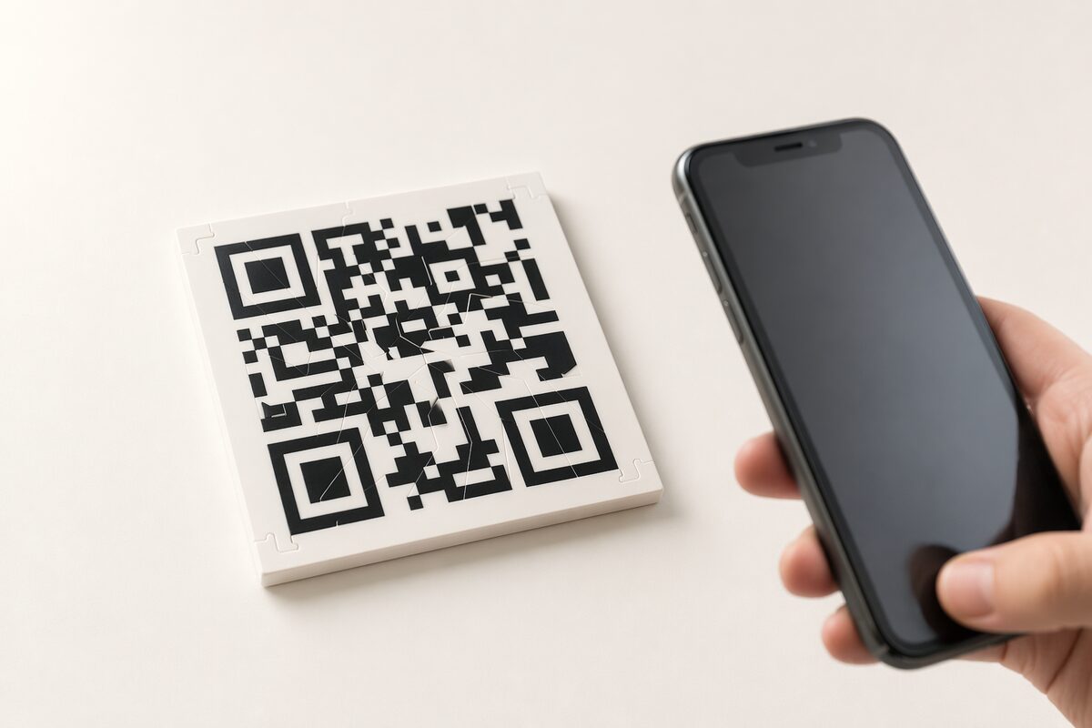 Close-up of interlocking puzzle pieces forming a QR code pattern