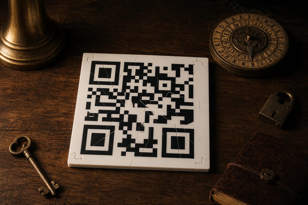 A QR code puzzle on a table surrounded by escape room clue props