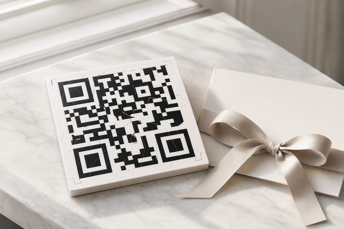 A jigsaw puzzle assembled into a QR code pattern next to a gift card envelope
