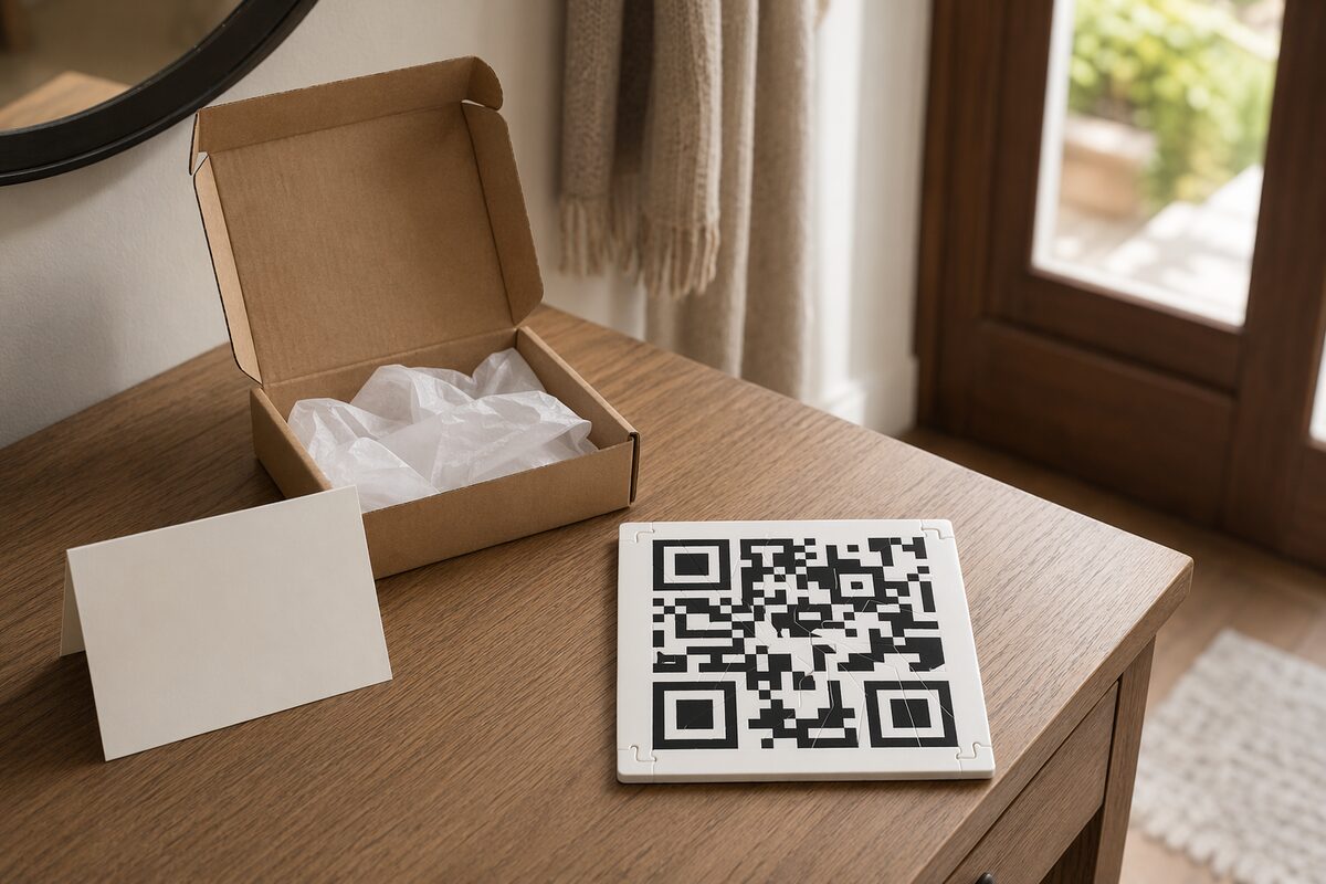 A puzzle gift arriving at a doorstep with a handwritten note