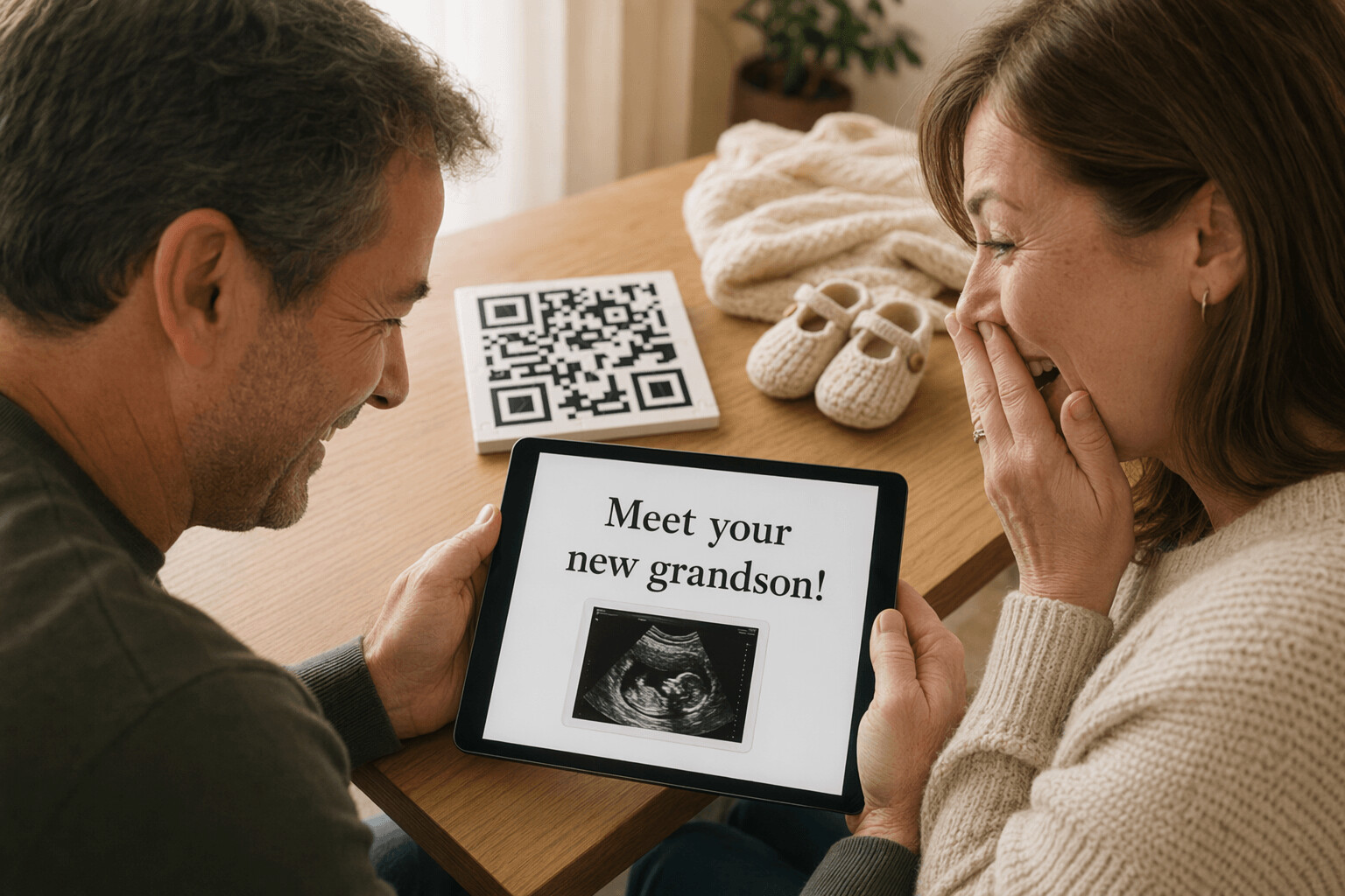 A couple reacting to a pregnancy reveal on an iPad beside a QR puzzle