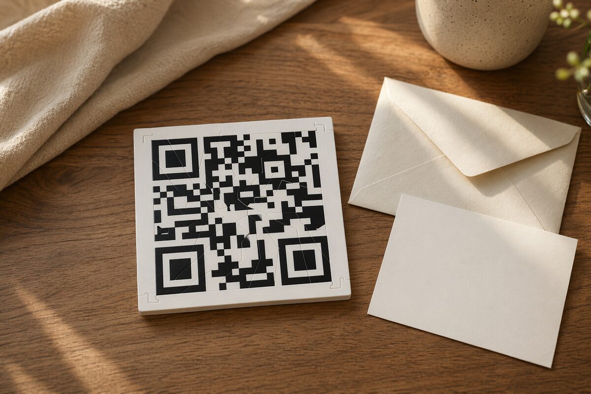 Puzzle pieces scattered on a table with a sealed envelope nearby