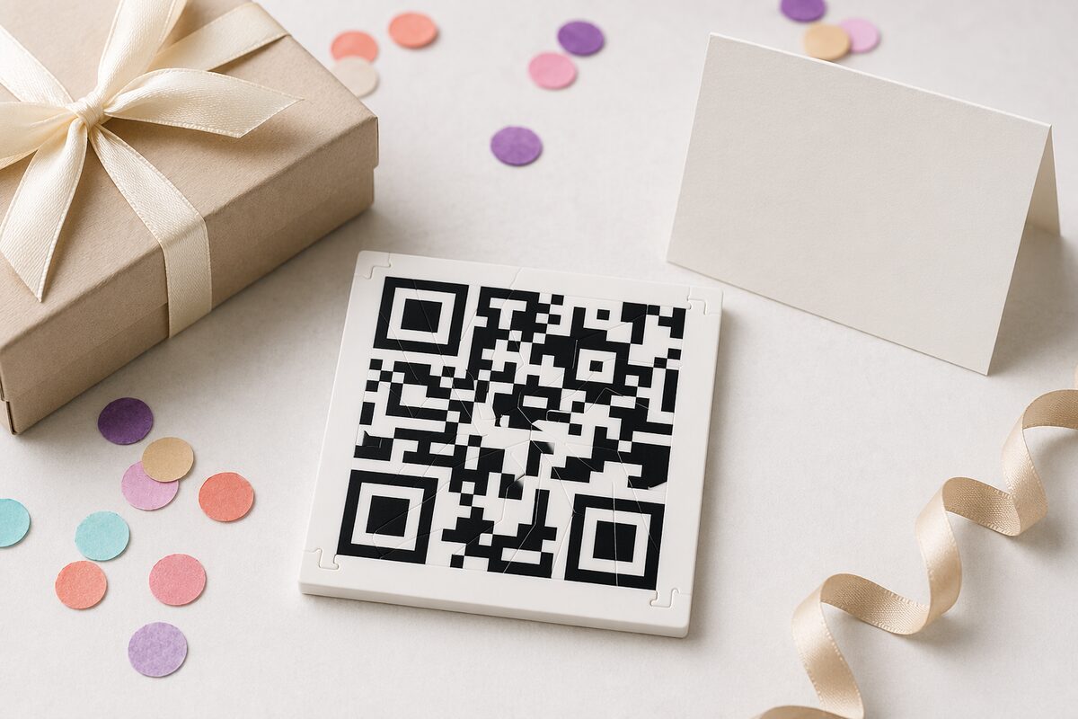 A puzzle gift box next to birthday decorations