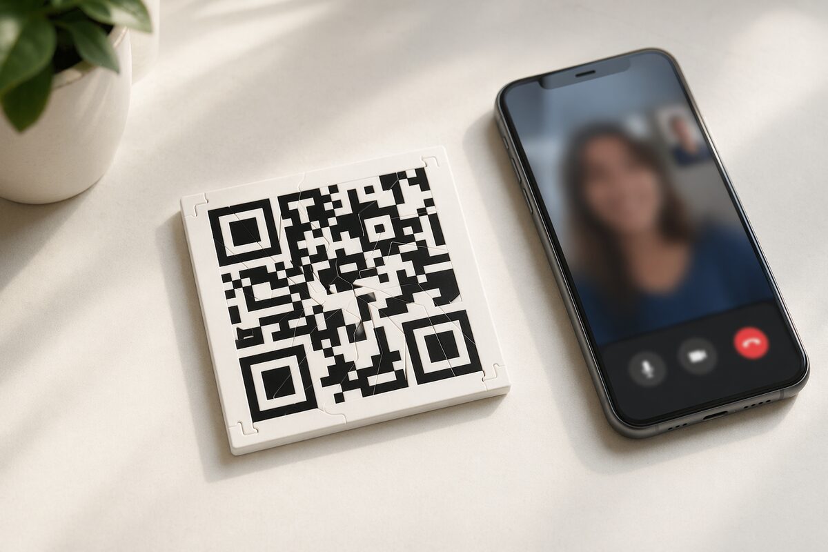 A phone playing a video message after scanning a completed QR code puzzle